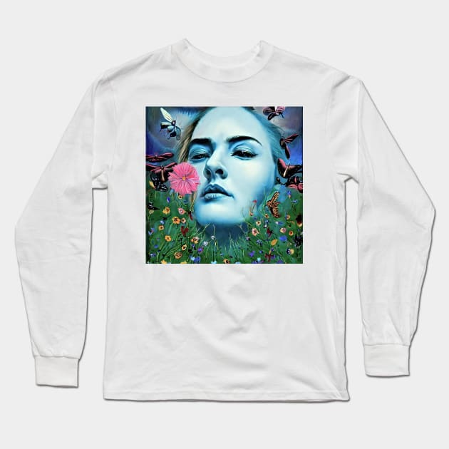 Digital portrait of young  Woman with  flowers and butterflies Long Sleeve T-Shirt by bogfl